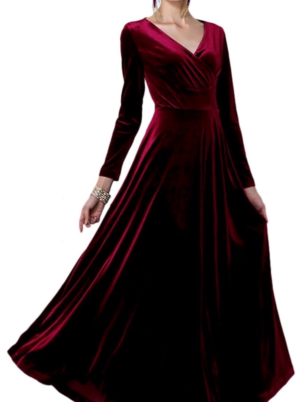 Urban coco Burgundy Velvet Long Sleeve V-Neck Maxi Dress